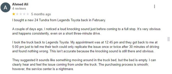 Customer Review on Legend Toyota